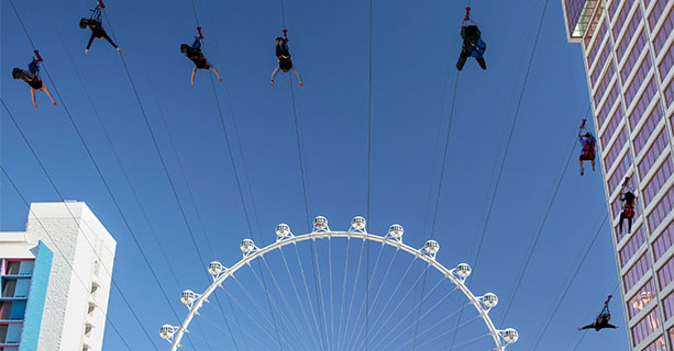 Several people ride a zipline in front of a ferris wheel.