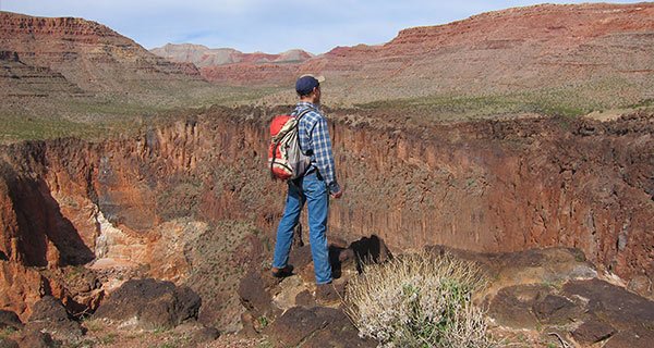 Man stands at the edge of the Grand Canyon.