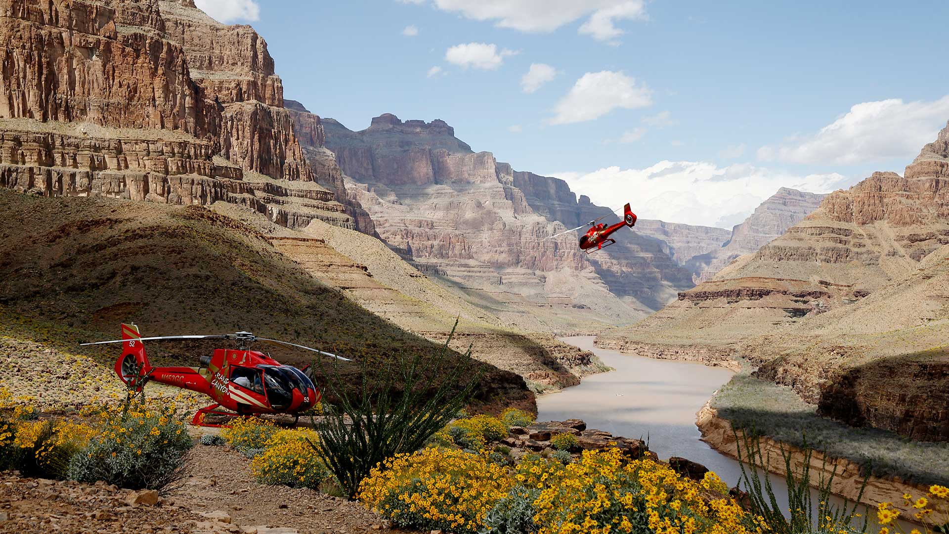 Two helicopters landing on the floor of the Grand Canyon West.