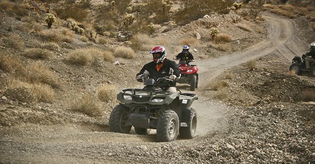 Sightseers driving ATVs through the desert.