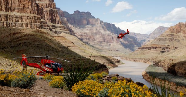 Helicopter landed at the bottom of the Grand Canyon.