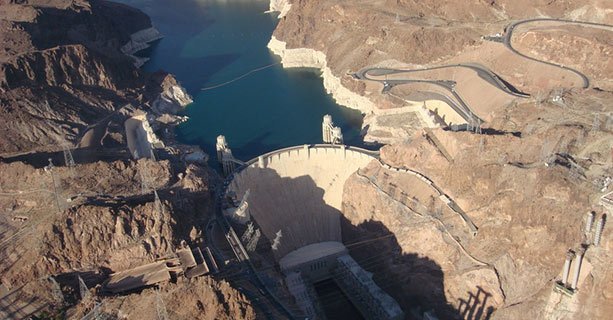 The Hoover Dam seen from above on a helicopter tour.