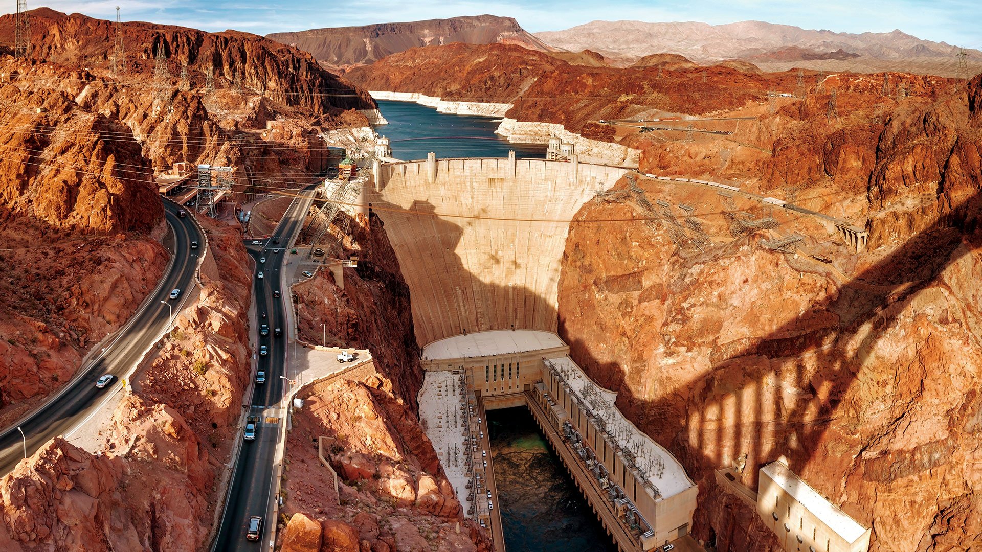 The Hoover Dam seen from the O'Callaghan-Tillman Memorial Bridge.