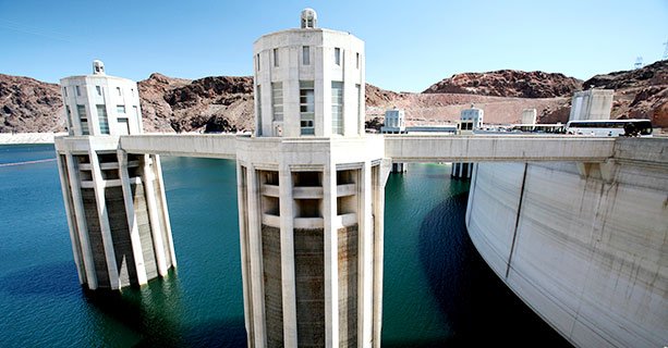 The intake towers at the back of the Hoover Dam.