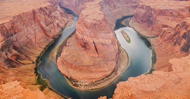 Horseshoe Bend and the Colorado River seen from above.