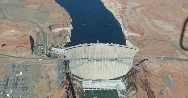 Glen Canyon Dam, as seen from the sky aboard a helicopter tour.