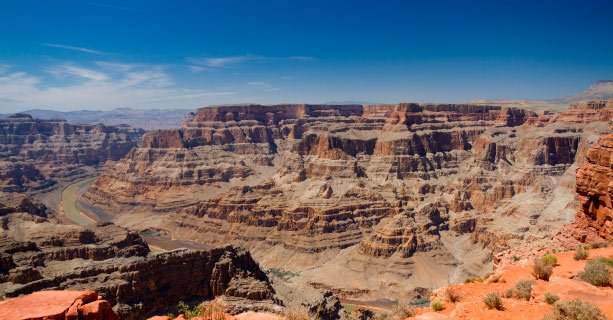 A panoramic view of the Grand Canyon West and Colorado River.