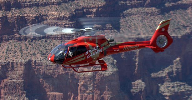 Helicopter in flight over Grand Canyon National Park.