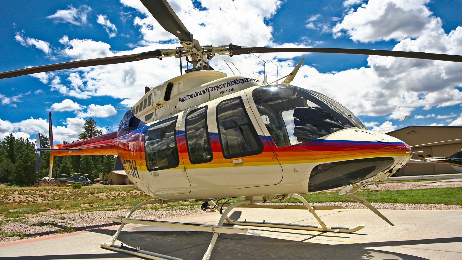 Bell helicopter landed on the airport tarmac in Grand Canyon National Park.