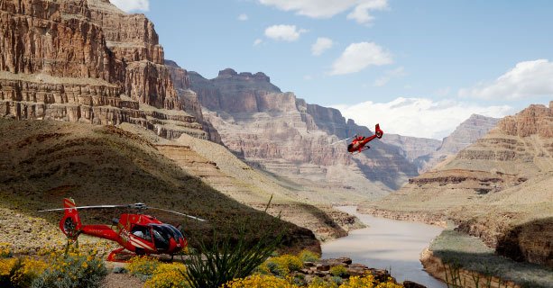 Two helicopters descend to the bottom of the Grand Canyon.