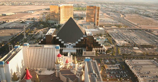 An aerial view of the Las Vegas Strip, seen from the sky aboard a helicopter.