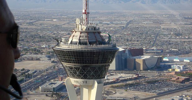 Las Vegas helicopter tour passing the Stratosphere casino.