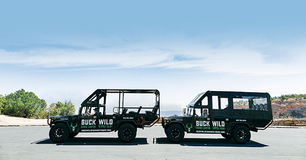 Two touring Hummers parked at the Grand Canyon National Park.