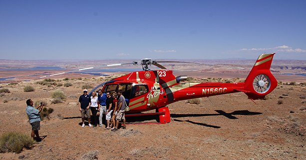 Helicopter tour landing at the top of Tower Butte.