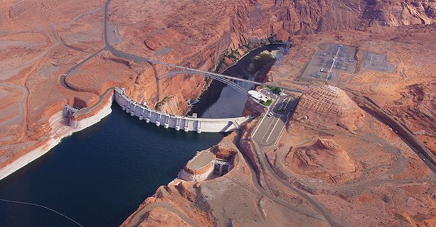 Glen Canyon Dam seen from above on a helicopter.